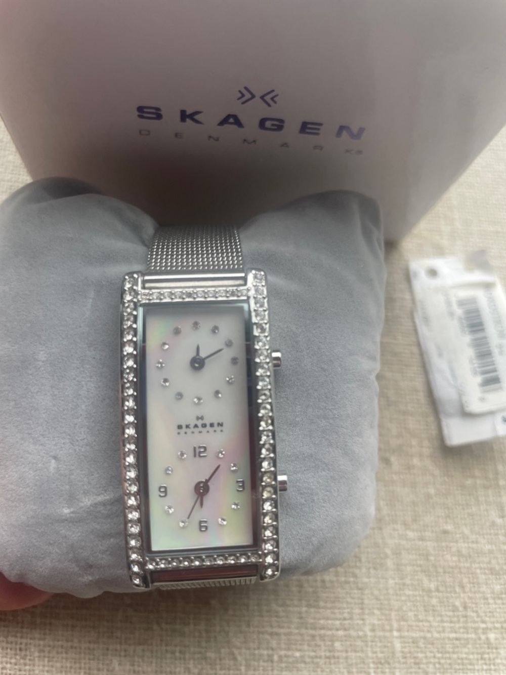 Skagen Silver Crystal-Trim Rectangular Watch with Mother-of-Pearl Dial